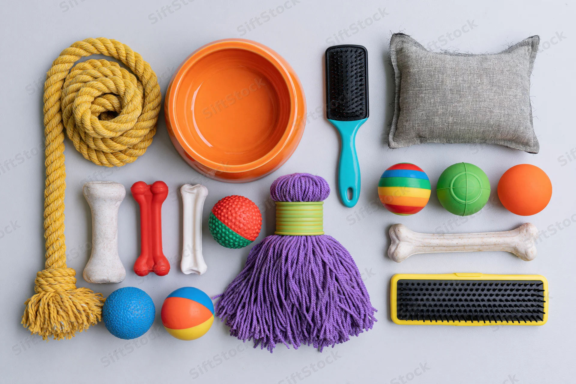 Assorted pet toys and grooming accessories arranged in flat lay on white surface