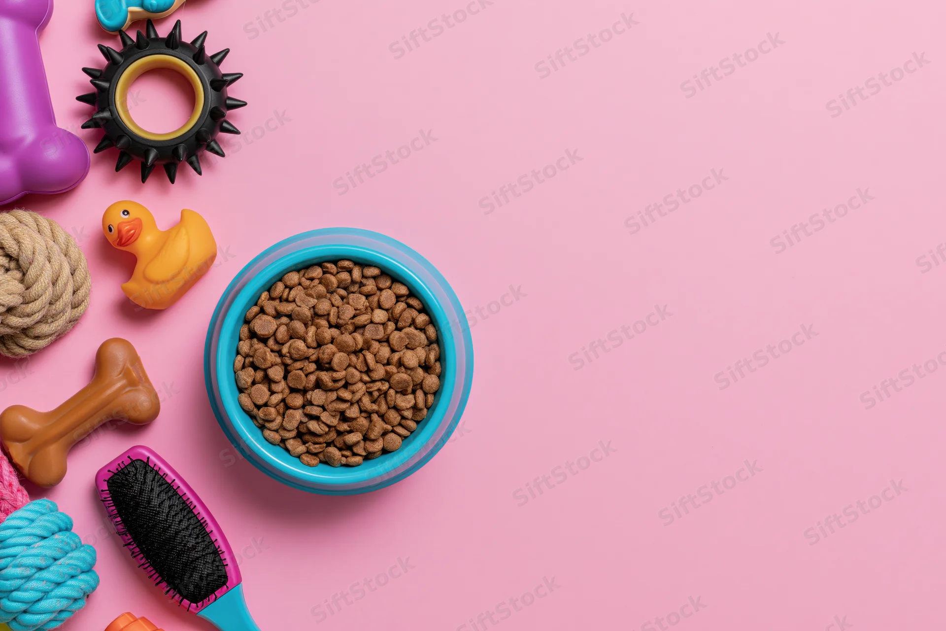 Pet accessories including toys, food bowl and grooming brush arranged on pink background with copyspace