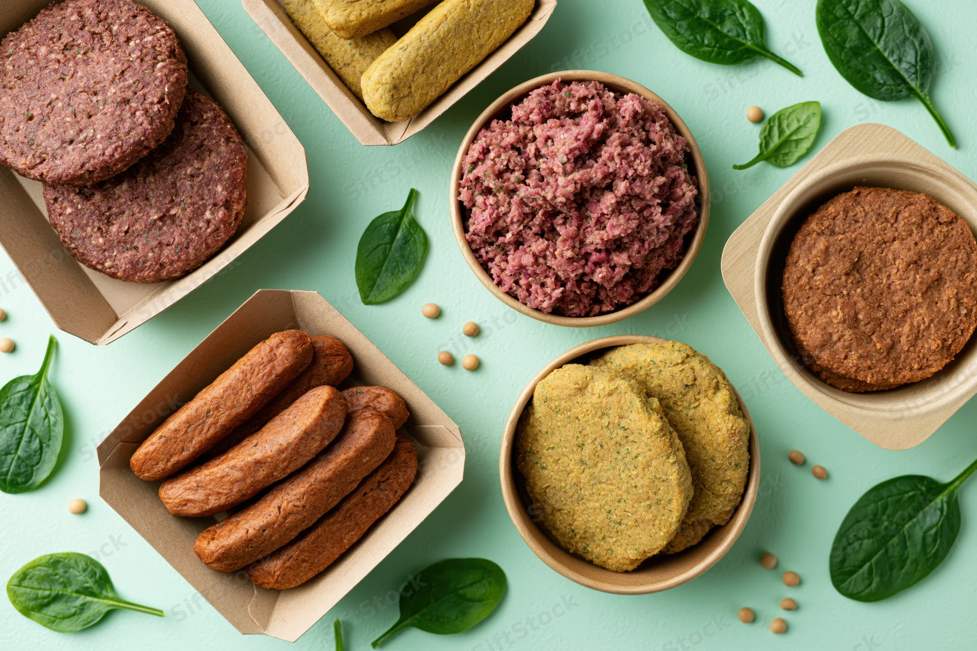 Assorted plant-based meat products arranged in kraft paper containers with spinach leaves on a light blue surface