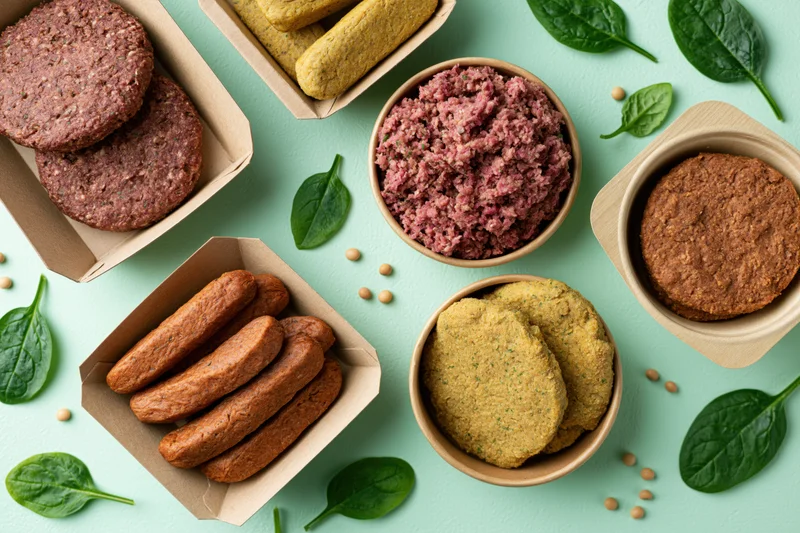 Assorted plant-based meat products arranged in kraft paper containers with spinach leaves on a light blue surface
