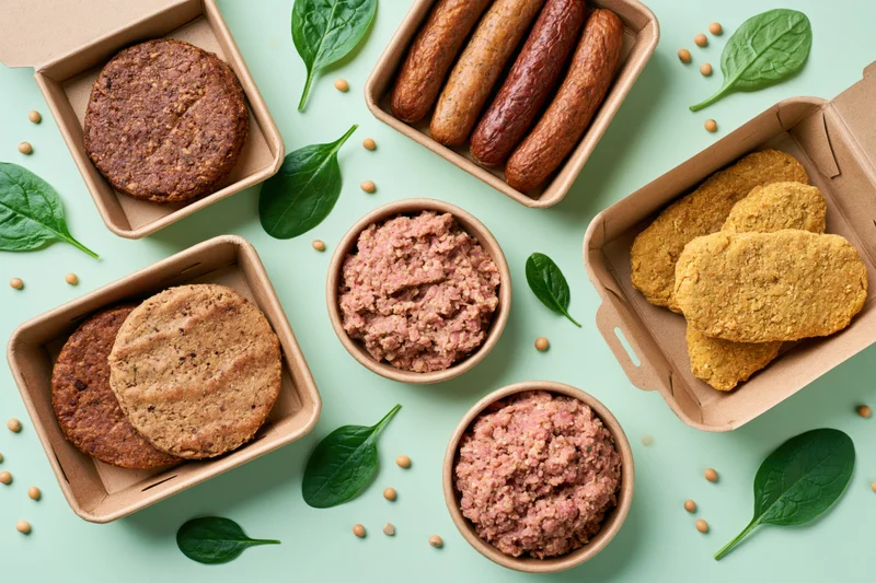 Assorted plant-based meat products in kraft paper containers on a light green surface with spinach leaves and beans scattered around