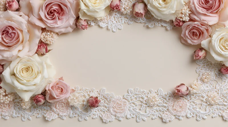 Blush pink and cream roses with white lace trim arranged in a circular frame on a neutral background with copyspace