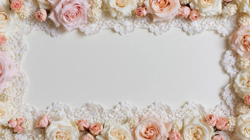 Blush and cream roses with white lace trim arranged in a frame around a blank center space
