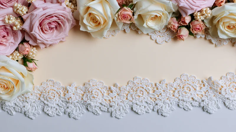 Flat lay of blush pink and cream roses with white lace trim forming a border around copyspace