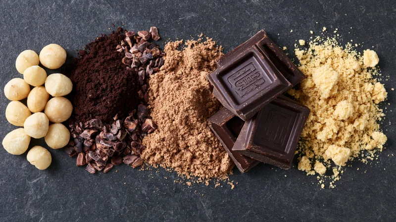 Chocolate ingredients arranged in a row on dark surface