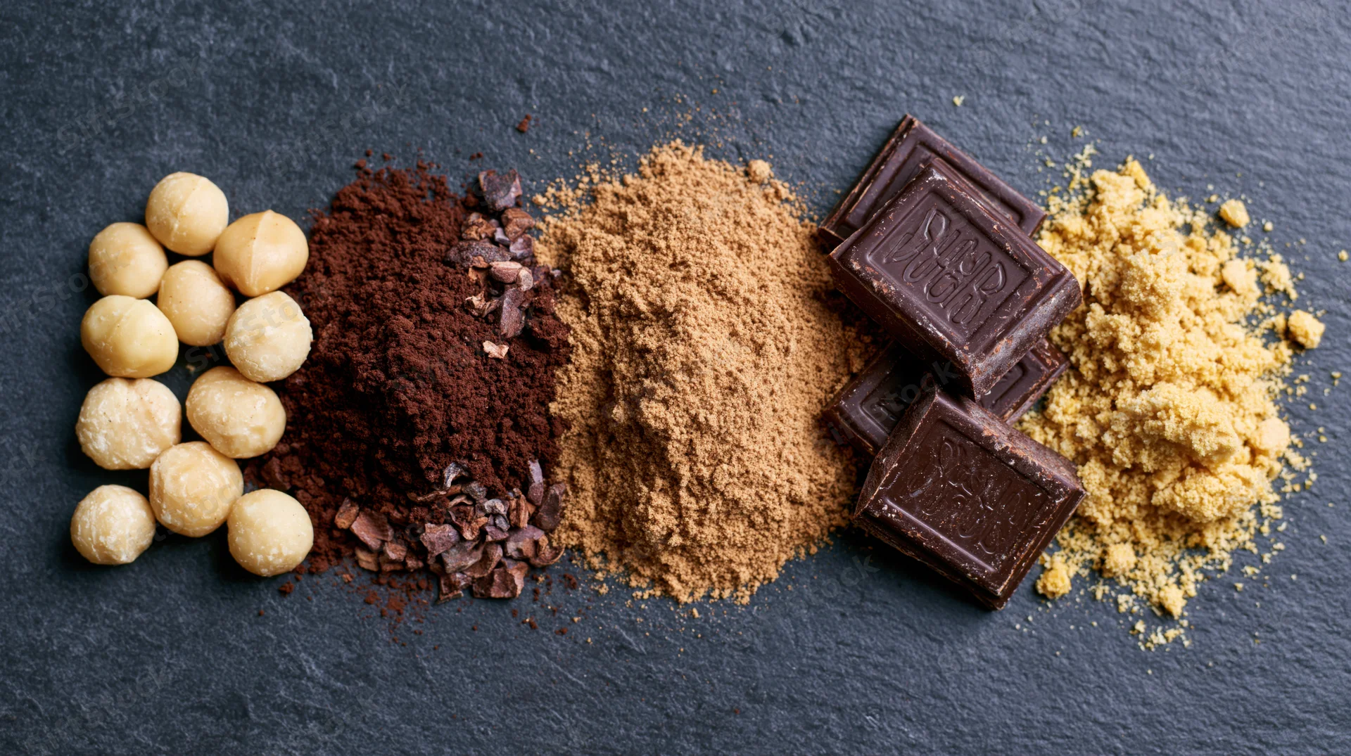 Chocolate ingredients arranged in a row on a dark surface