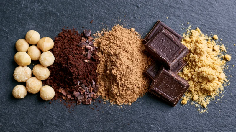 Chocolate ingredients arranged in a row on a dark surface