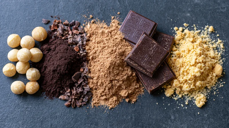 Chocolate ingredients arranged in a row on a dark surface