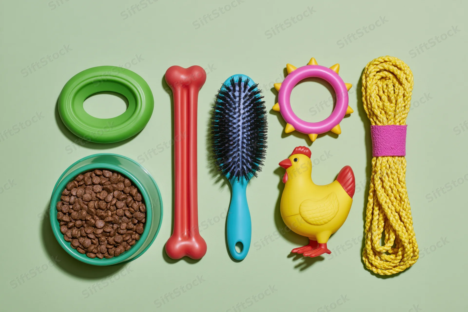 Colorful dog accessories arranged in a horizontal flat lay on a green background