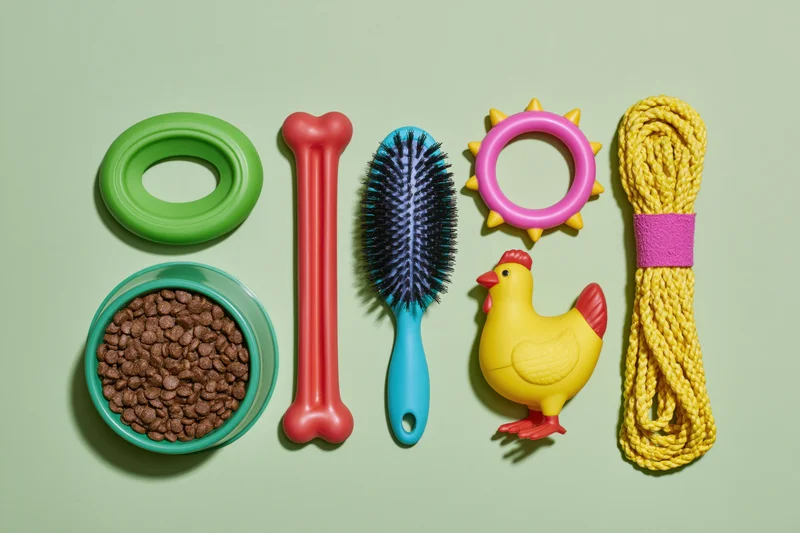 Colorful dog accessories arranged in a horizontal flat lay on a green background