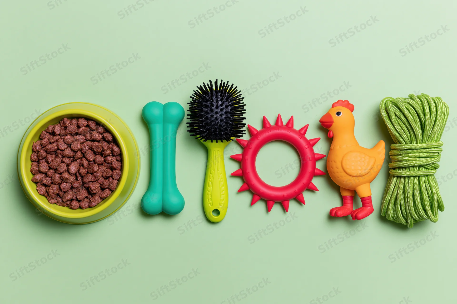 Colorful dog accessories arranged horizontally on a mint green background
