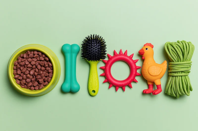 Colorful dog accessories arranged horizontally on a mint green background