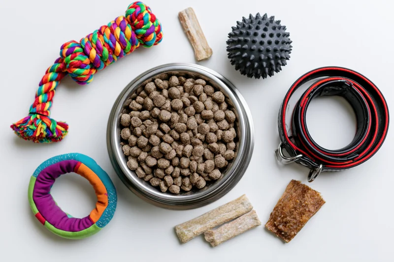 Dog accessories including food bowl, toys, treats, collar and leash arranged on white surface