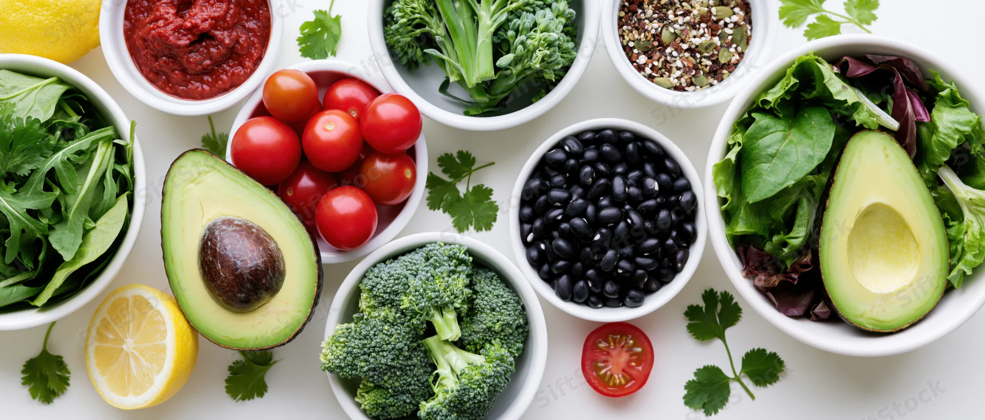 Fresh salad ingredients arranged in white ceramic bowls on a flat surface