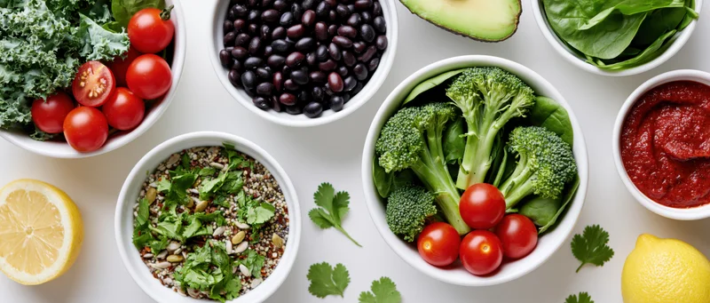 Fresh salad ingredients arranged in white ceramic bowls on a flat surface