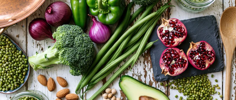 Fresh vegetables and fruits arranged on a rustic wooden table with kitchen tools and whole foods