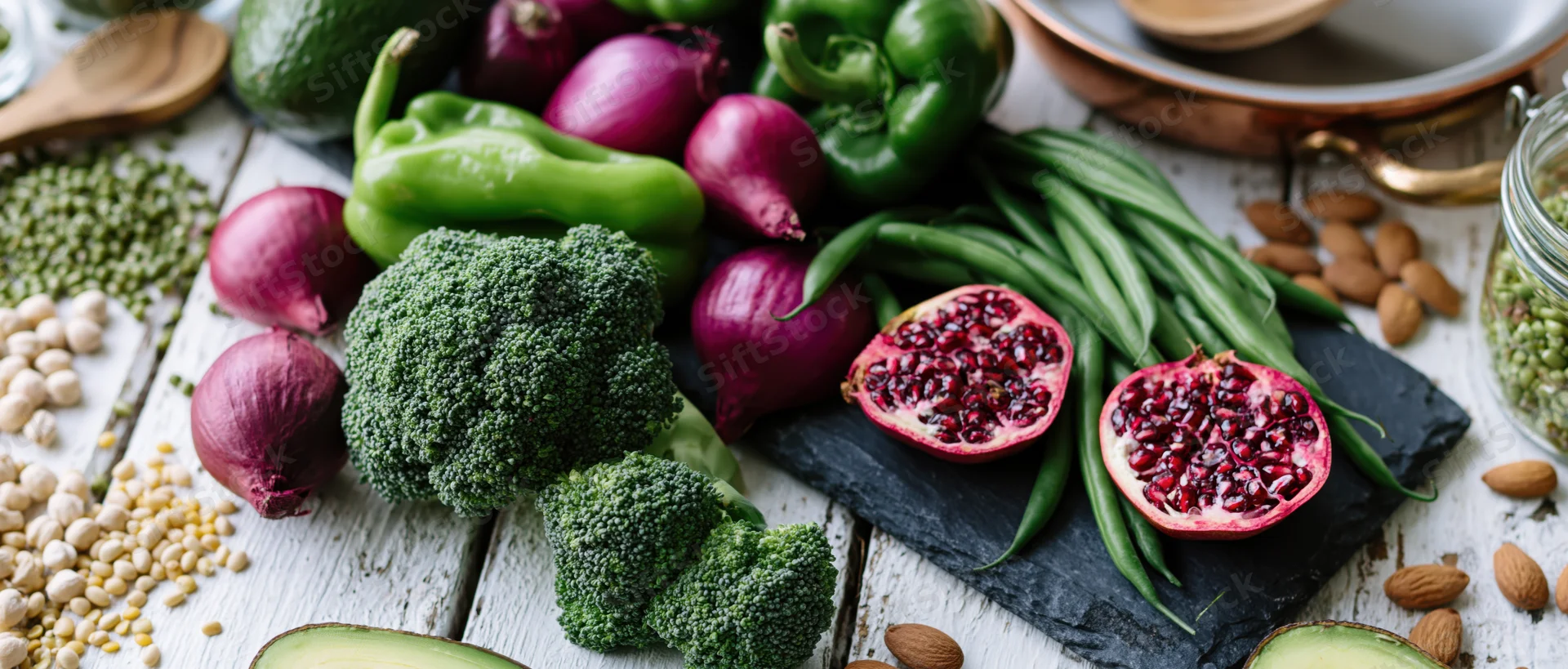 Fresh vegetables and fruits arranged in a flat lay on a white wooden surface with whole foods and nuts scattered around
