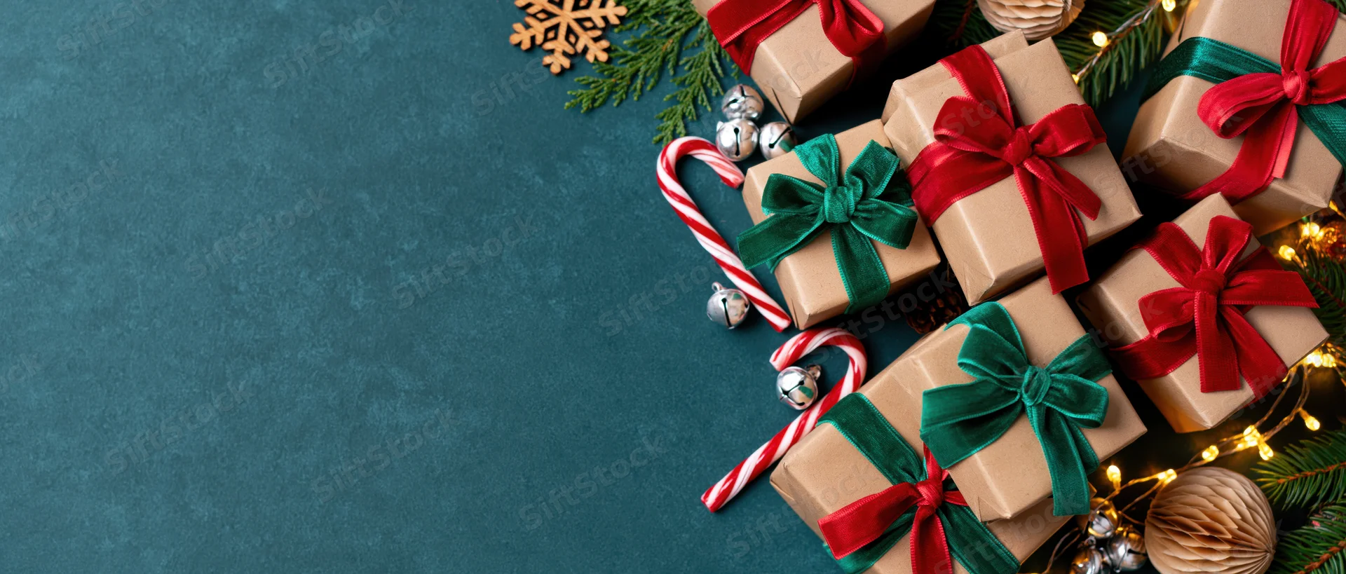 Kraft paper gift boxes with red and green bows, candy canes, pine branches and lights arranged on a teal textured surface in a flat lay composition with copyspace