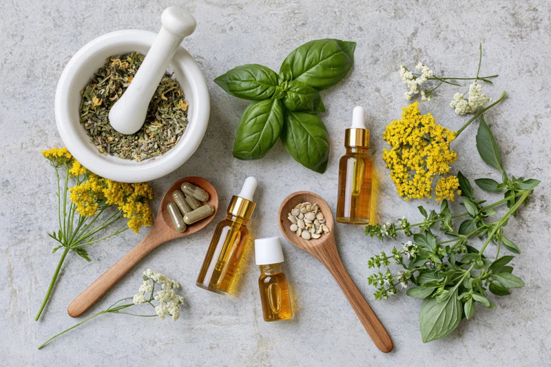Natural herbal medicine ingredients arranged in flat lay on light stone surface