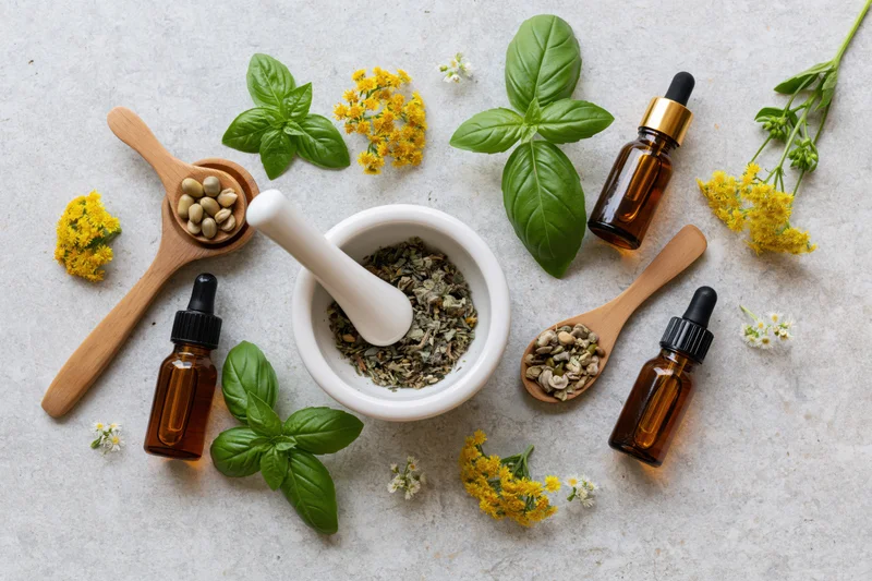 Natural herbal medicine ingredients arranged in a flat lay on a light stone surface