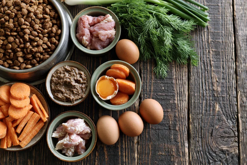 Pet food ingredients arranged on dark wooden table