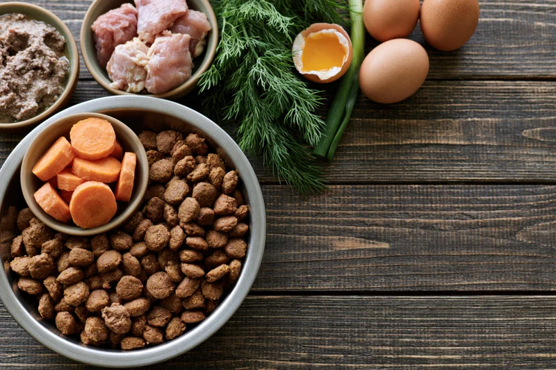 Pet food ingredients arranged in bowls on dark wooden table with copyspace