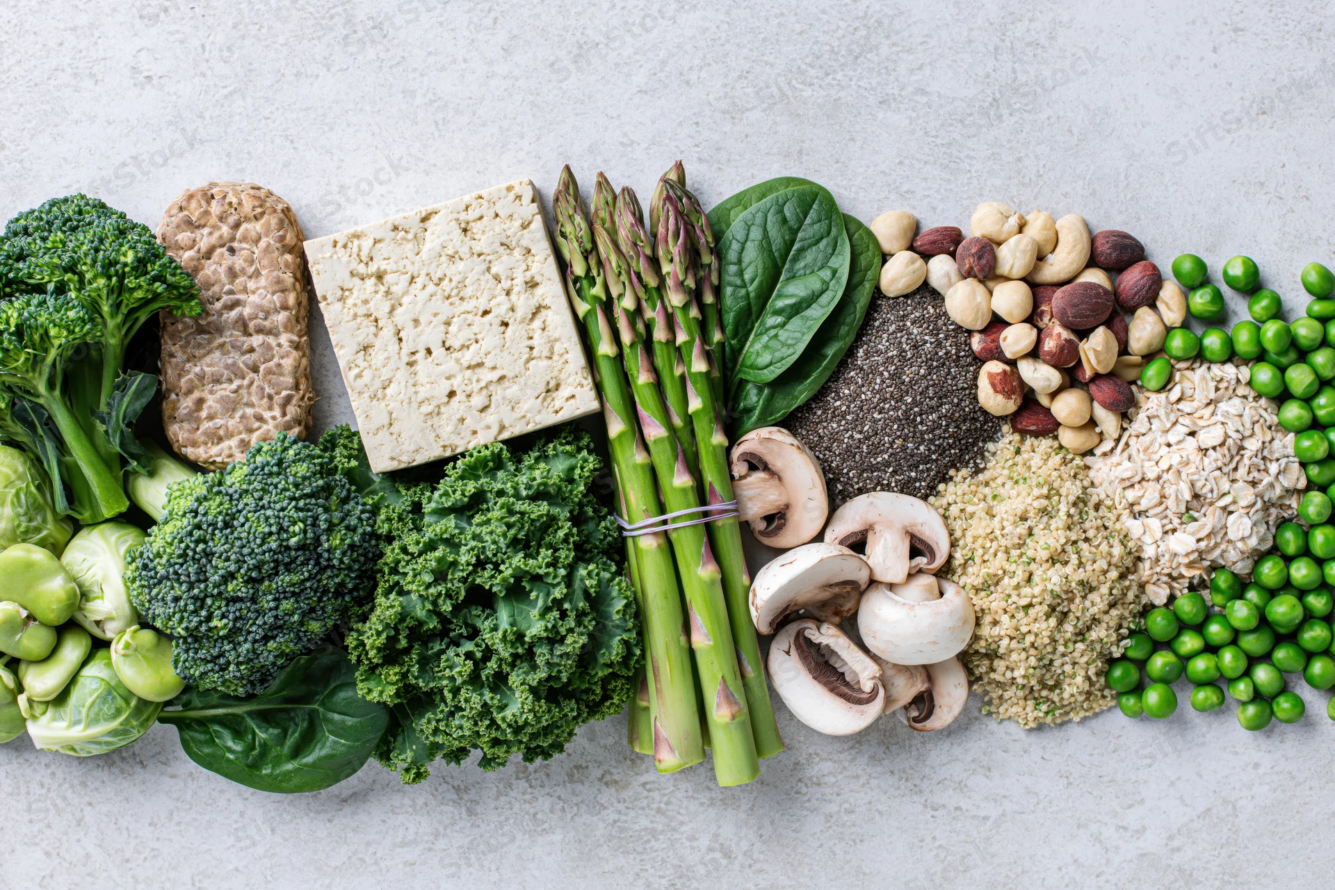 Plant-based protein foods arranged in a flat lay on a light surface