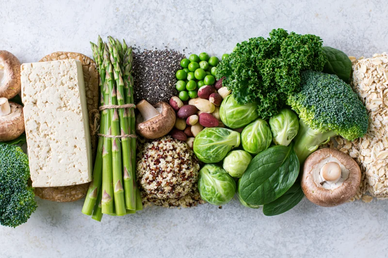 Plant-based protein foods arranged in a flat lay on a light gray surface