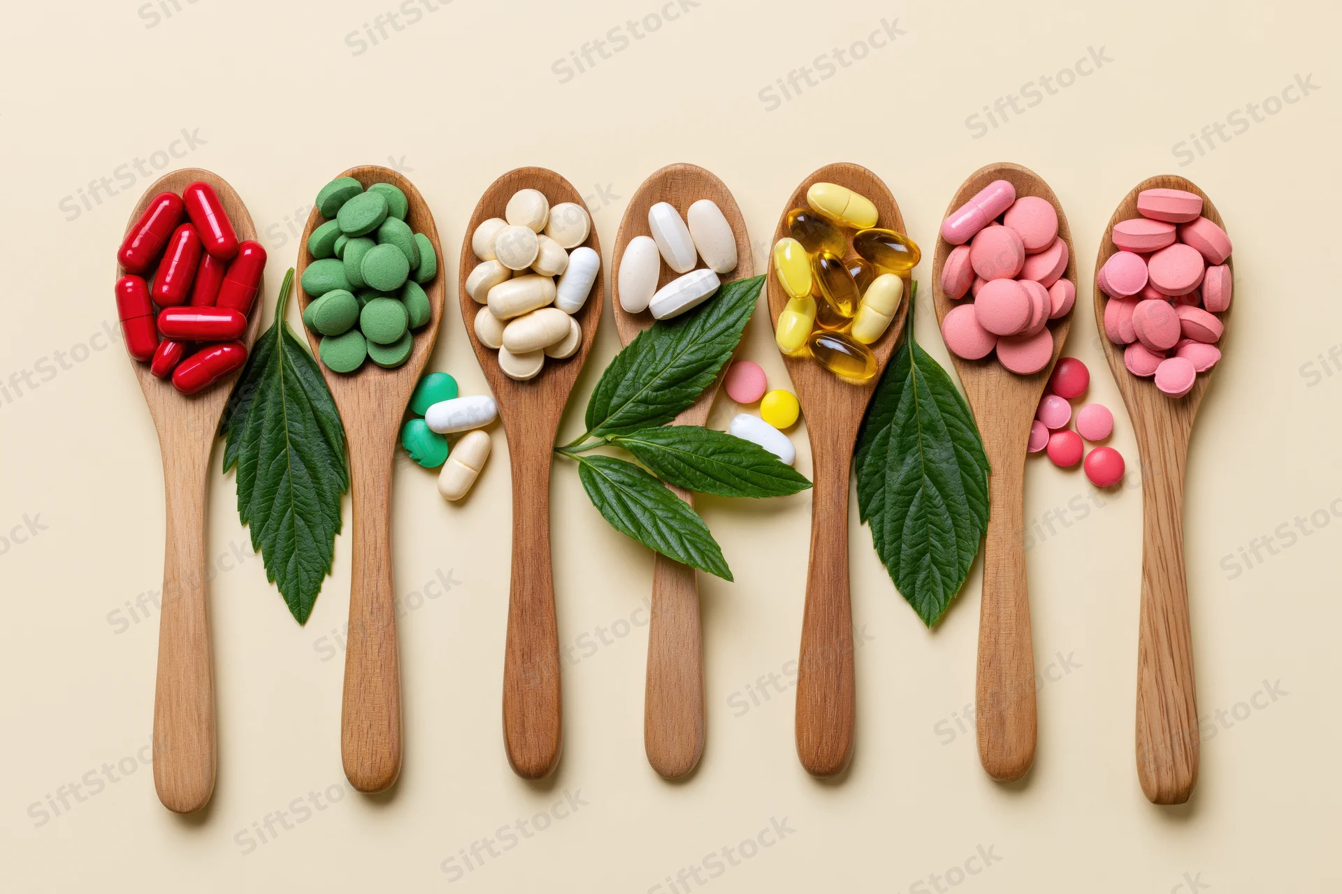 Seven wooden spoons holding colorful supplements and leaves arranged in a row on a pale background