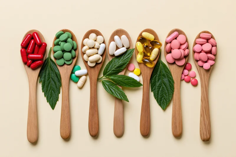 Seven wooden spoons holding colorful supplements and leaves arranged in a row on a pale background