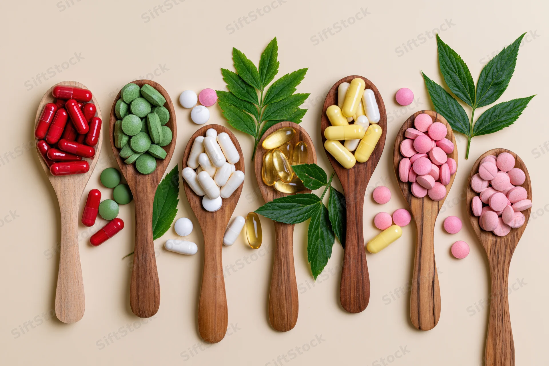 Seven wooden spoons holding colorful supplements and green leaves arranged in a row on a beige surface