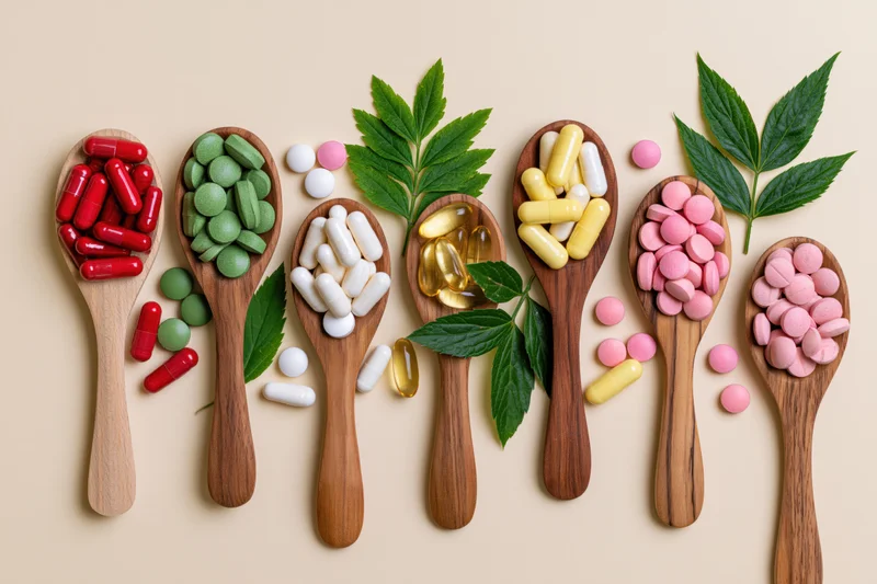 Seven wooden spoons holding colorful supplements and green leaves arranged in a row on a beige surface