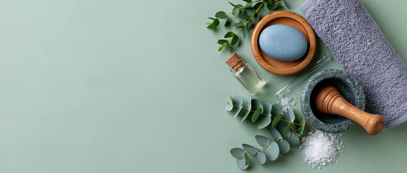 Spa and skincare items arranged on a green surface with copyspace on the left