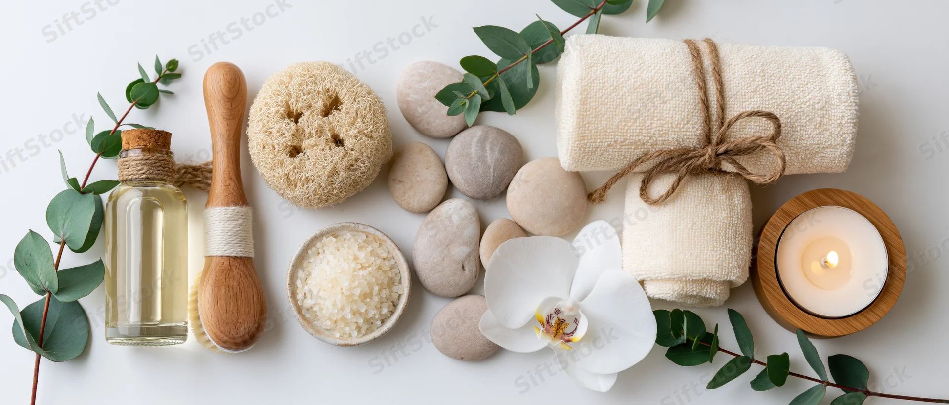 Spa and wellness accessories arranged in flat lay on white surface