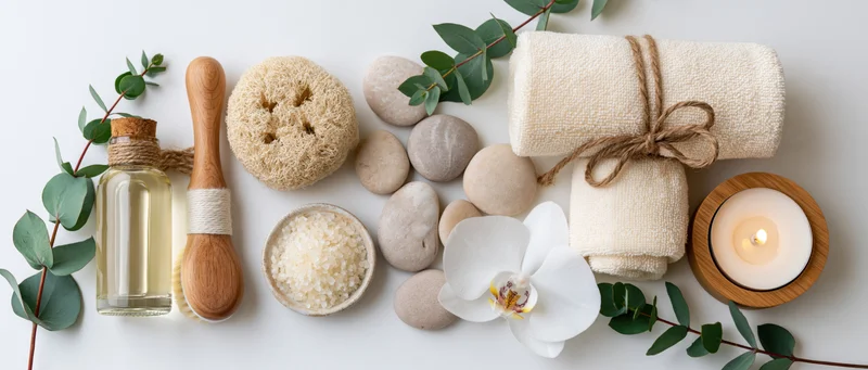 Spa and wellness accessories arranged in flat lay on white surface