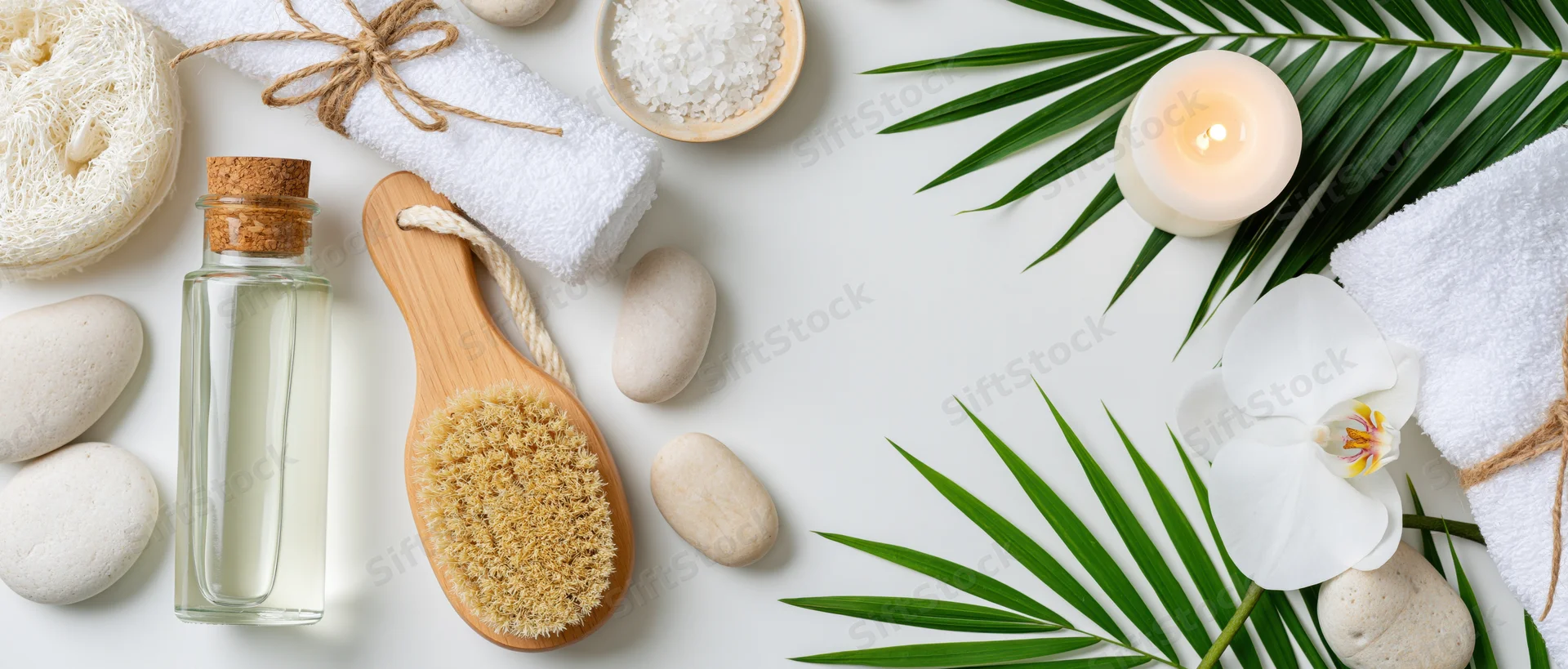 Spa and wellness accessories arranged in flat lay on white surface with candles, towels, plants and stones