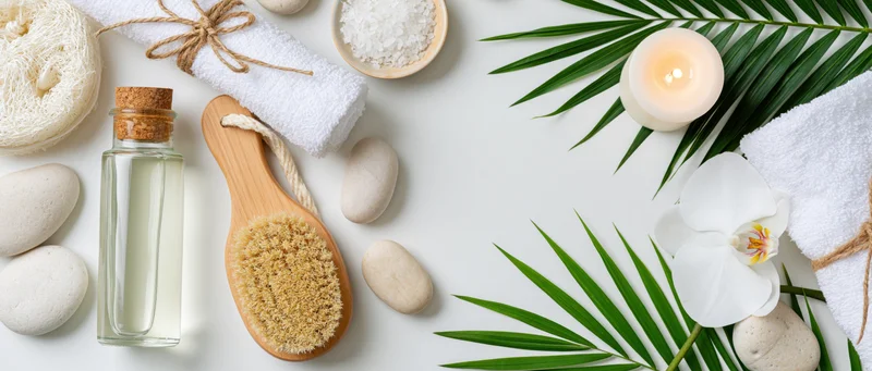 Spa and wellness accessories arranged in flat lay on white surface with candles, towels, plants and stones
