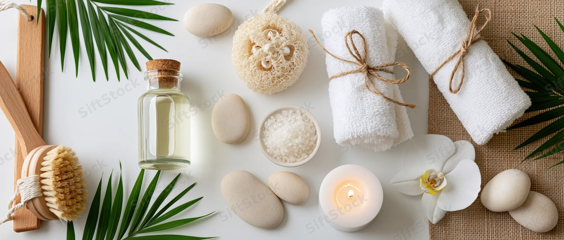 Spa wellness accessories arranged in flat lay on white surface with green leaves and candles