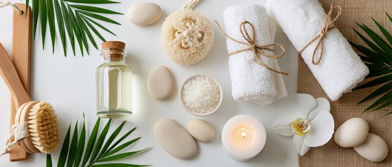 Spa wellness accessories arranged in flat lay on white surface with green leaves and candles