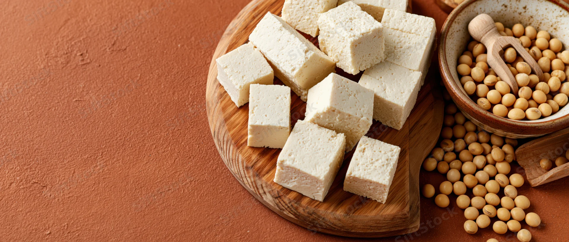 Cubed tofu arranged on a wooden board with soybeans in a bowl beside it on a textured surface