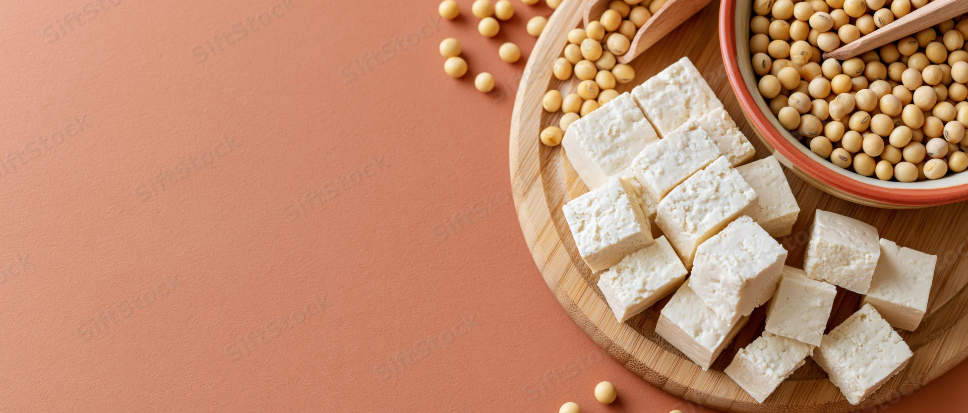 Cubed tofu and soybeans arranged on a wooden board with a ceramic bowl on a solid background