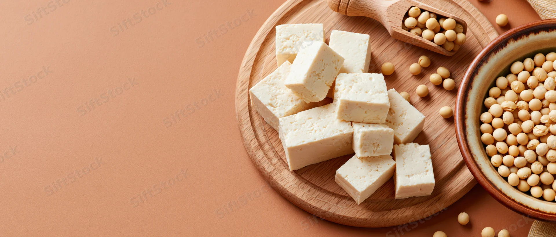 Tofu cubes and soybeans arranged on a wooden board with a ceramic bowl and scoop, flat lay view
