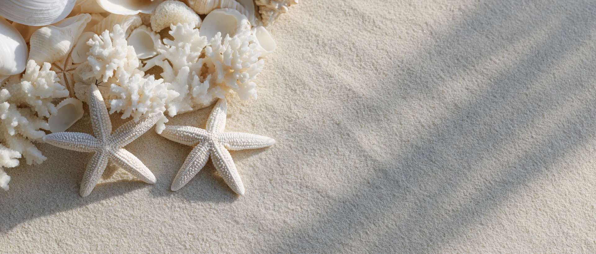 Two white starfish and coral pieces arranged on sand with seashells, creating a coastal flat lay with copy space on the right