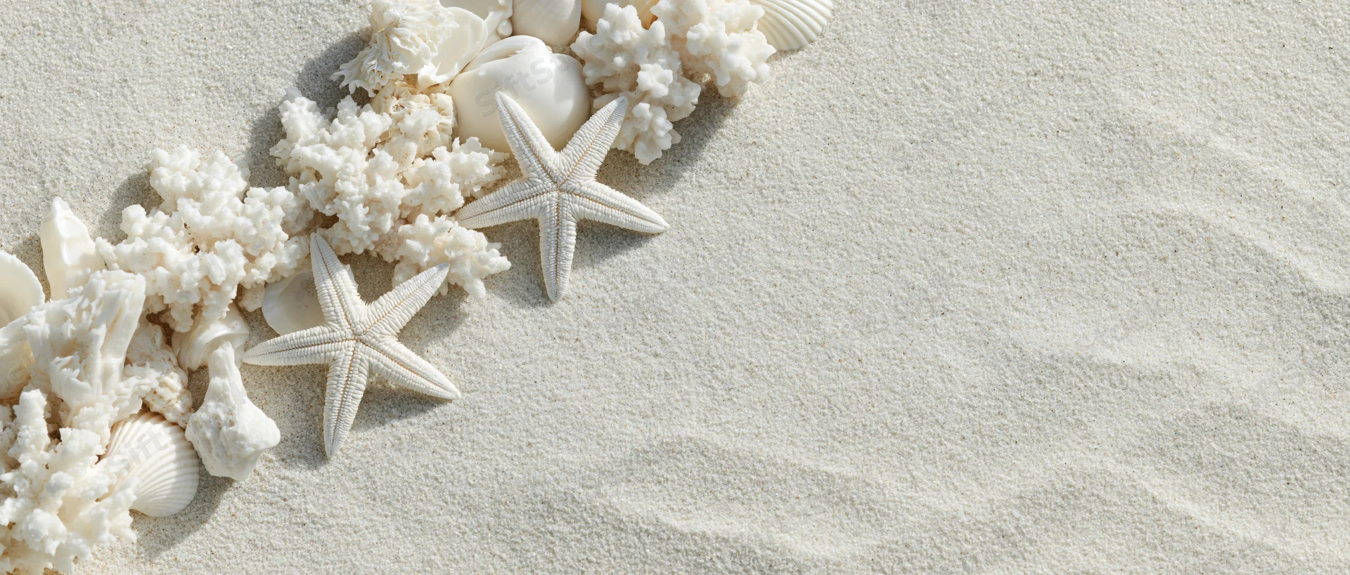 White starfish and coral pieces arranged on sand in a flat lay with copyspace on the right