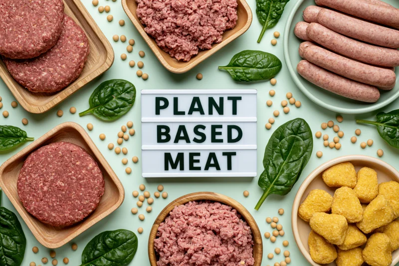 Plant-based meat products arranged in bowls and trays with soybeans and spinach on a light green surface