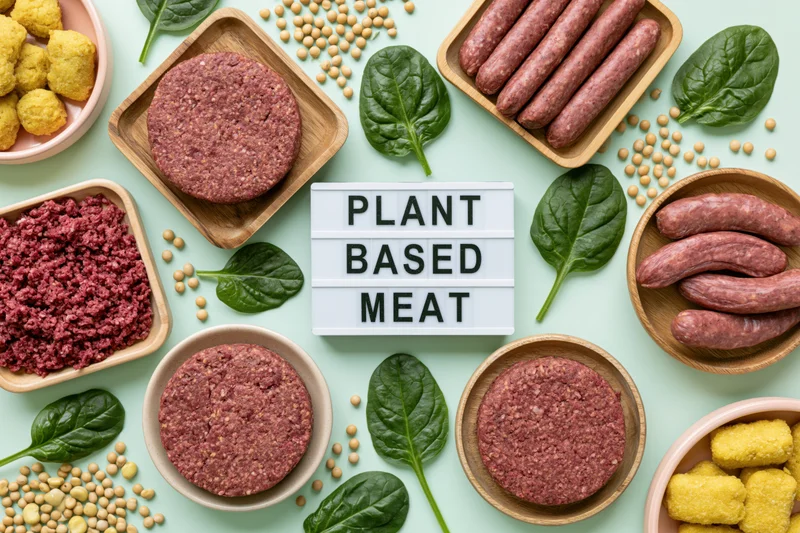 Plant-based meat products arranged in wooden bowls and trays with soybeans and spinach on light blue surface
