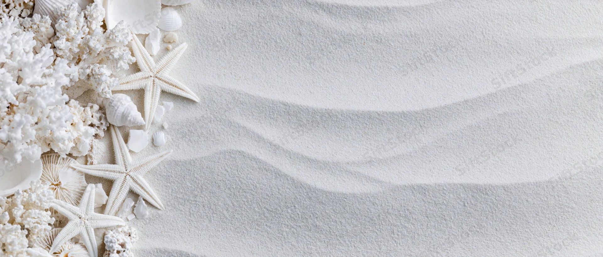 White starfish and coral fragments arranged on textured sand with copyspace