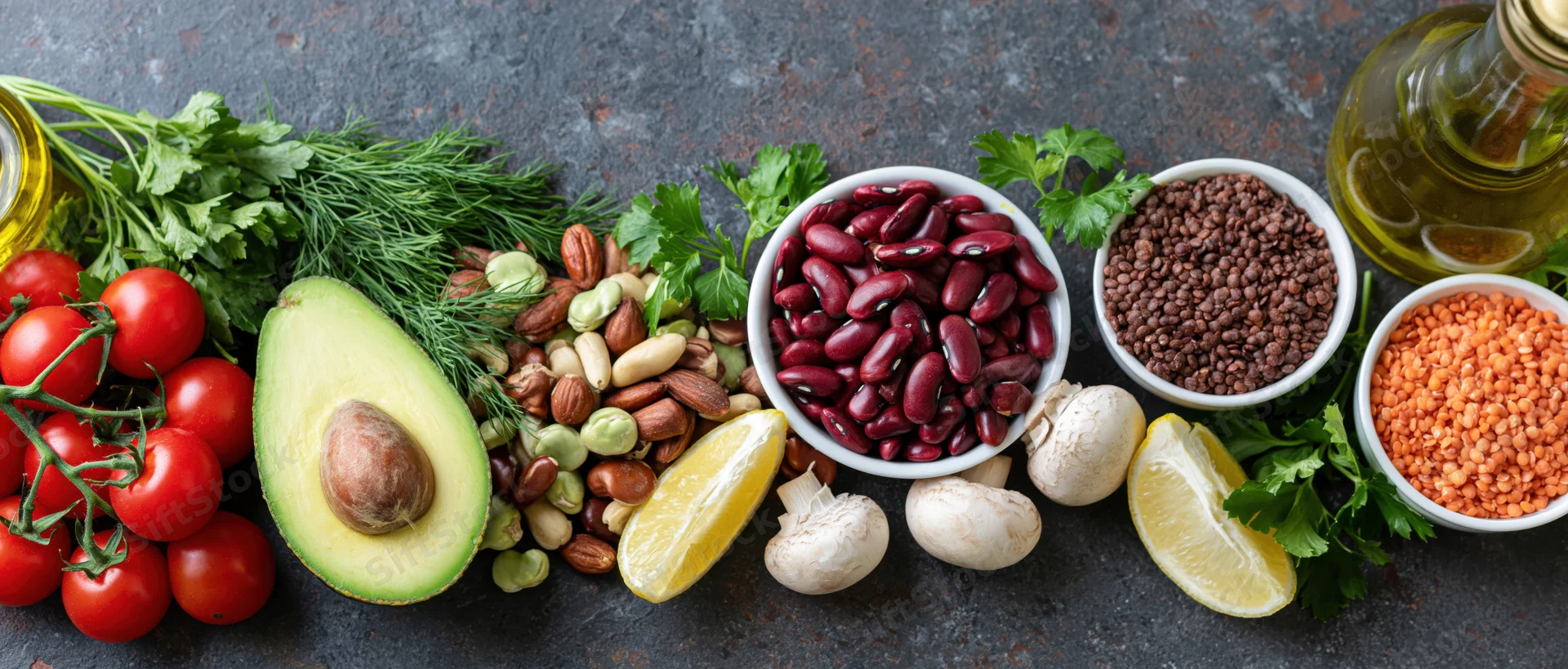Whole foods arranged in a flat lay on a dark surface including vegetables, fruits, legumes, herbs, and olive oil