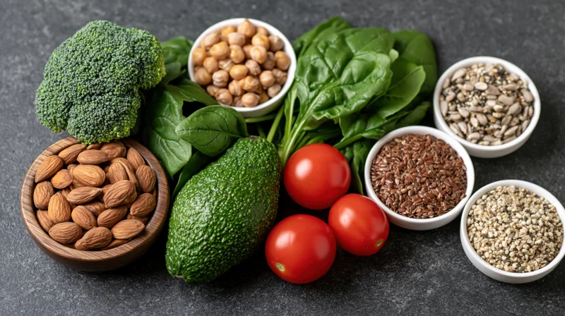 Whole foods including broccoli, avocado, spinach, tomatoes, almonds, chickpeas, seeds, and quinoa arranged in bowls on a dark slate surface in a flat lay composition