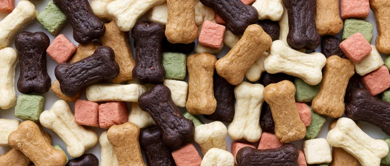 Assorted dog bone-shaped biscuits arranged in a flat lay overhead view on a white surface